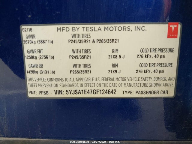 Tesla Model S 90d/p100d/p85d/p90d 2016 5YJSA1E47GF124642 Image 9