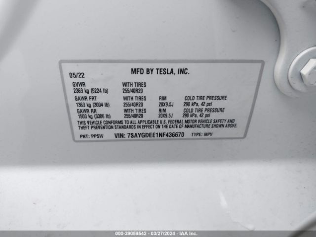 7SAYGDEE1NF436670 Tesla Model Y