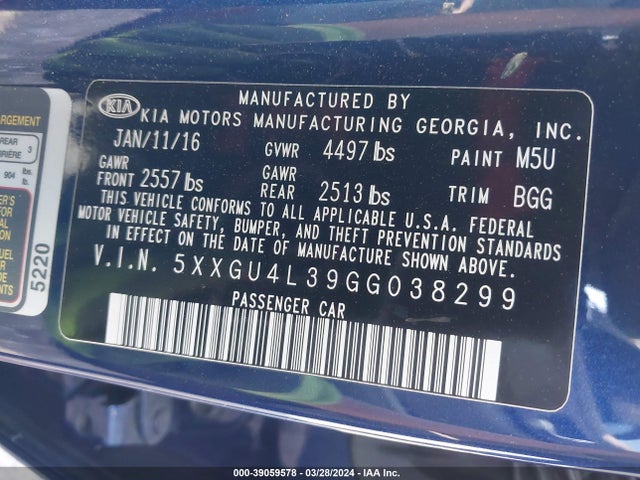 KIA OPTIMA EX 2016 5XXGU4L39GG038299 Image 9