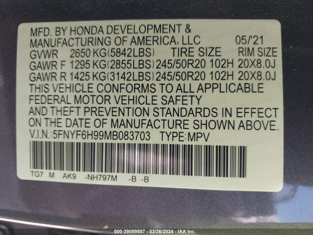 Honda Pilot Awd Touring 8 Passenger 2021 5FNYF6H99MB083703 Image 9