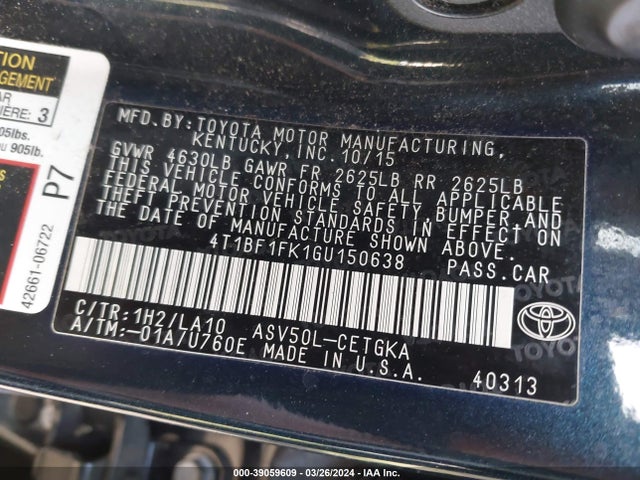 Toyota CAMRY XLE 2016 4T1BF1FK1GU150638 Image 9