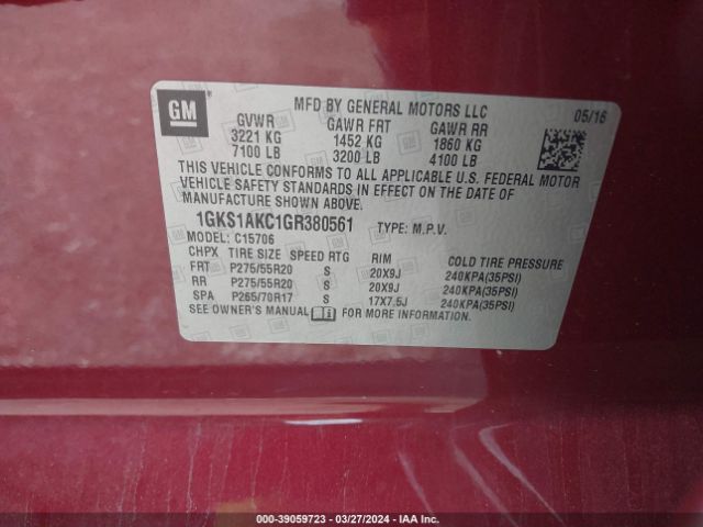 1GKS1AKC1GR380561 GMC YUKON SLE