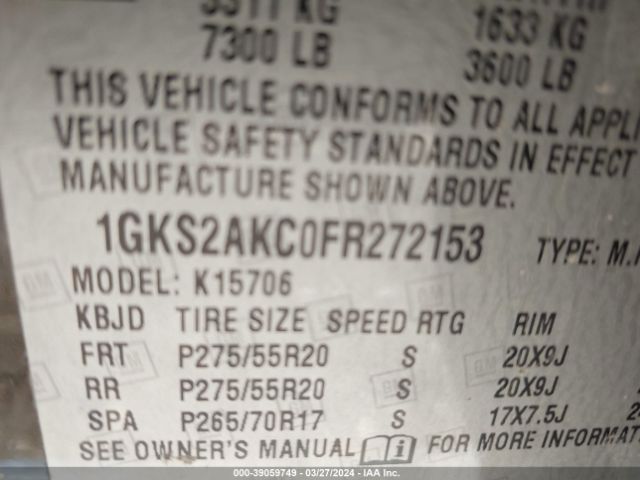 1GKS2AKC0FR272153 GMC YUKON SLE