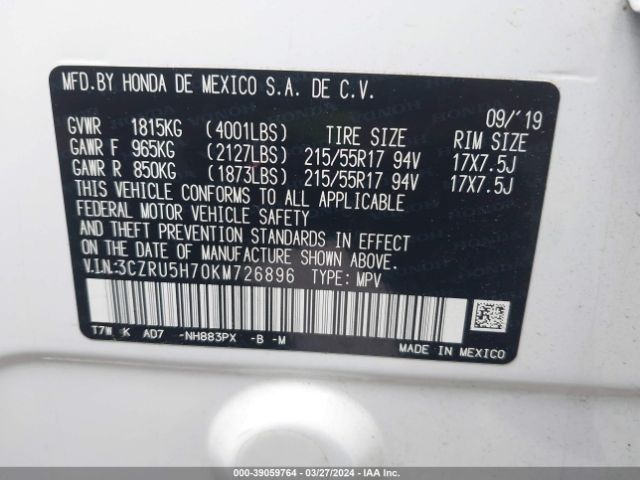 3CZRU5H70KM726896 Honda Hr-v Ex-l