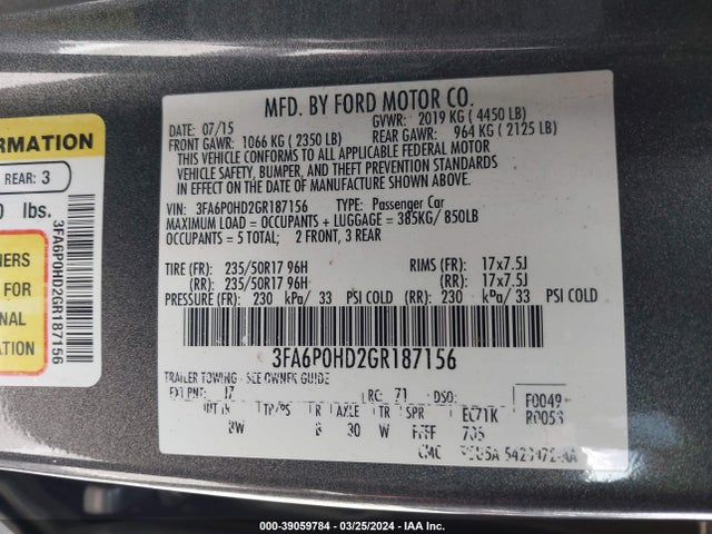 Ford FUSION SE 2016 3FA6P0HD2GR187156 Image 9