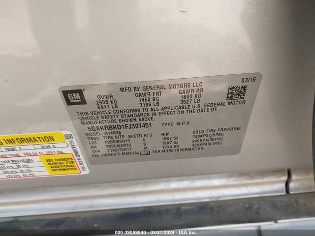 Buick Enclave Leather 2015 5GAKRBKD1FJ307451 Image 9