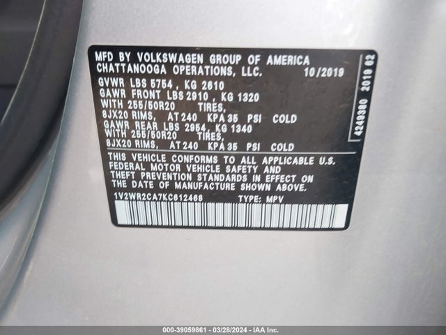 1V2WR2CA7KC612468 Volkswagen Atlas 3.6l V6 Se W/technology