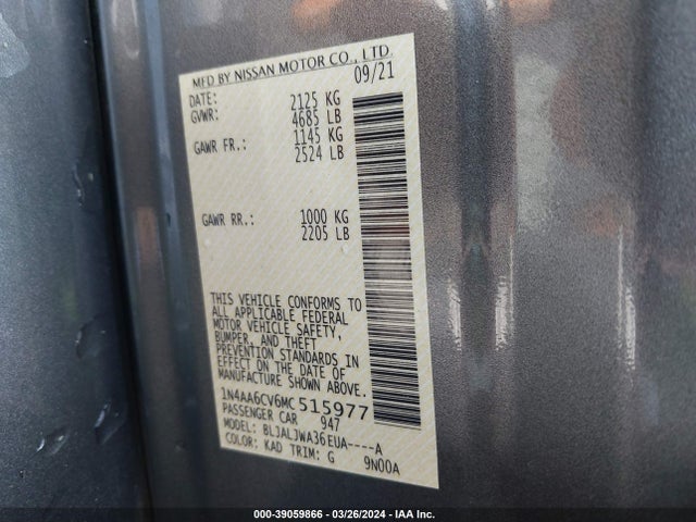 Nissan MAXIMA SV 2021 1N4AA6CV6MC515977 Image 9
