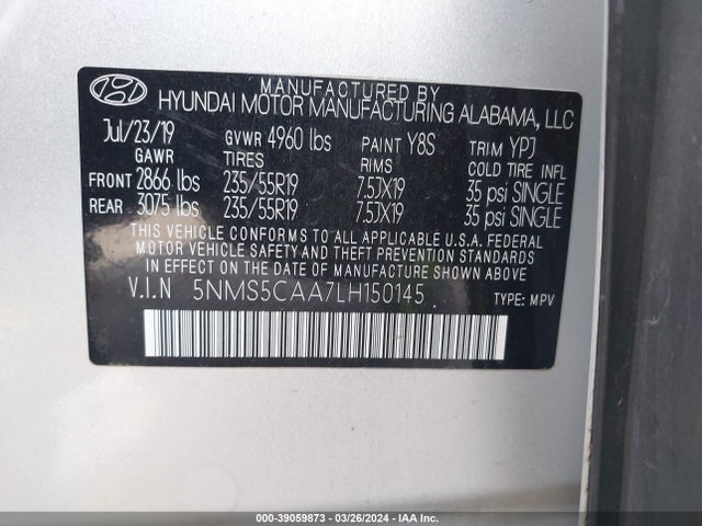 Hyundai Santa Fe Limited 2.0t 2020 5NMS5CAA7LH150145 Image 9