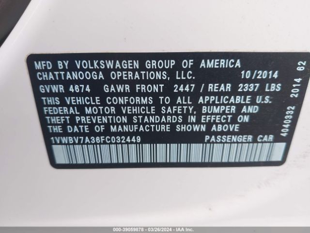 1VWBV7A36FC032449 Volkswagen Passat 2.0l Tdi Se