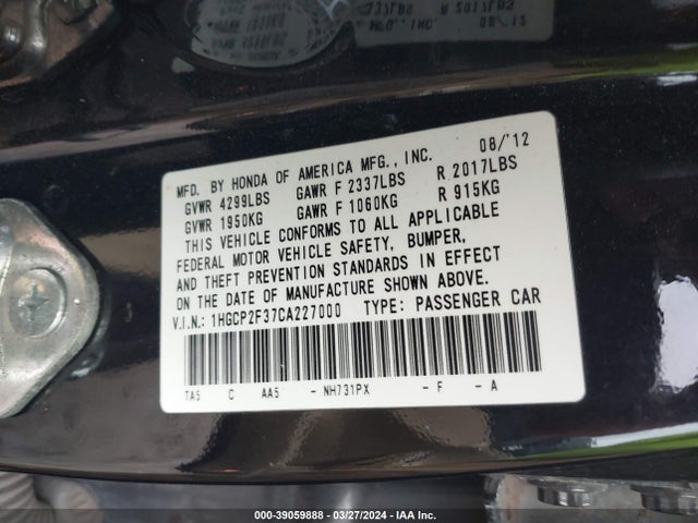 Aukcja sprzedaży 2012 Honda Accord 2.4 Lx, vin: 1HGCP2F37CA227000, numer aukcji: 39059888