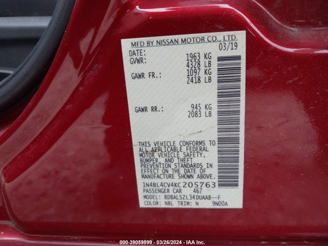 Nissan Altima 2.5 Sr 2019 1N4BL4CV4KC205763 Image 9