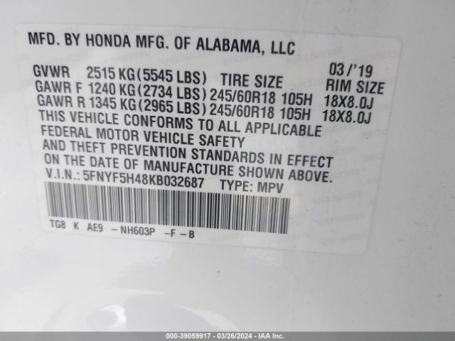 5FNYF5H48KB032687 Honda Pilot Ex-l
