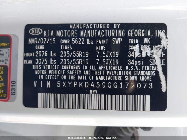 5XYPKDA59GG172073 KIA Sorento 3.3l Sxl