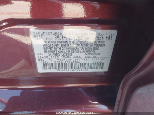 3N1AB8CV1LY231622 Nissan Sentra Sv Xtronic Cvt