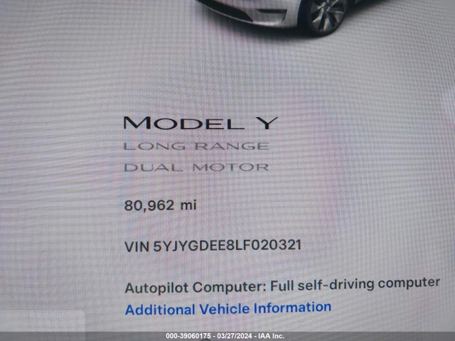 5YJYGDEE8LF020321 Tesla Model Y Long Range Dual Motor All-wheel Drive