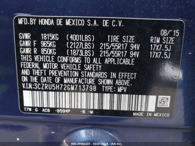 3CZRU5H72GM713798 Honda Hr-v Ex-l