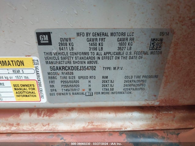 Buick Enclave 2014 5GAKRCKD0EJ354782 Image 9