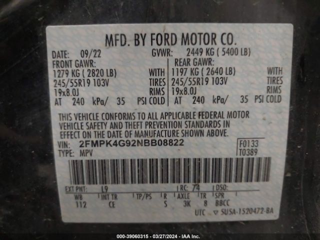 2FMPK4G92NBB08822 Ford EDGE SE