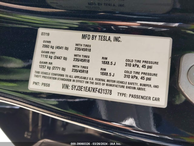 5YJ3E1EA7KF431378 Tesla Model 3 Long Range/mid Range/standard Range/standard Range Plus
