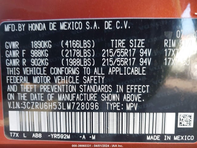 Honda Hr-v Awd Ex 2020 3CZRU6H53LM728096 Image 9