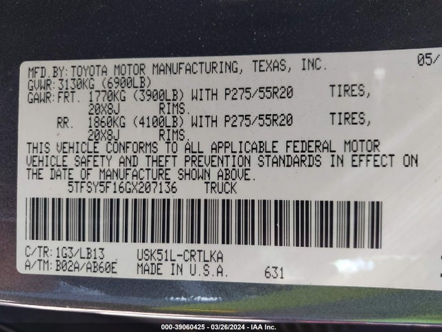 5TFSY5F16GX207136 Toyota Tundra Limited 5.7l V8