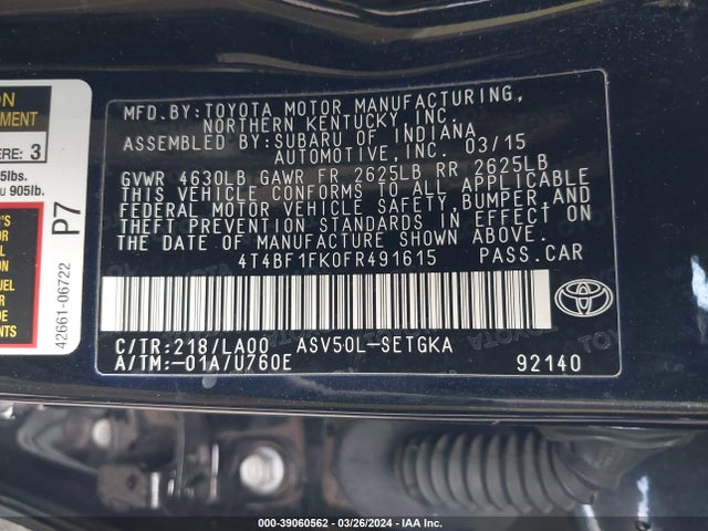 Toyota CAMRY XLE 2015 4T4BF1FK0FR491615 Image 9