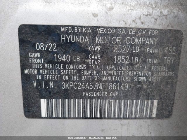 3KPC24A67NE186149 Hyundai ACCENT SE