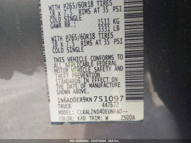 1N6AD0ER9KN751097 Nissan Frontier Sv