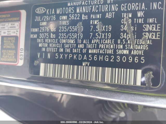 5XYPKDA56HG230965 KIA Sorento 3.3l Sxl