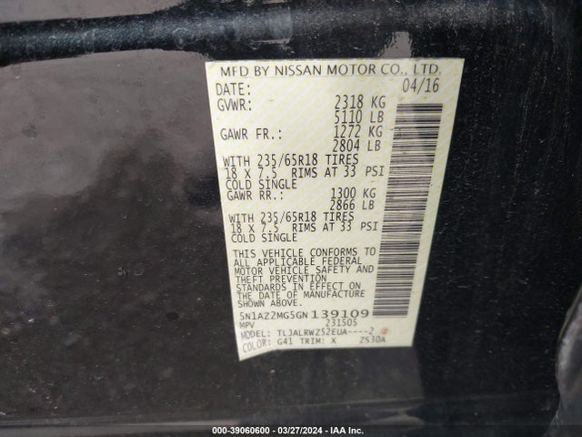 Nissan MURANO SL 2016 5N1AZ2MG5GN139109 Image 9