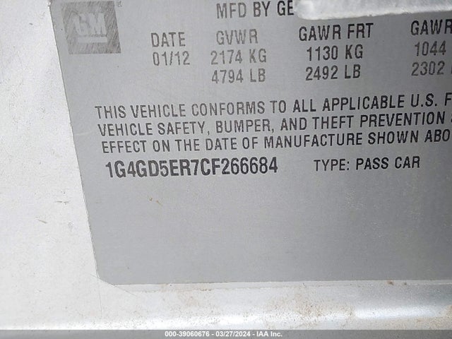 Aukcja sprzedaży 2012 Buick Lacrosse Premium 1 Group, vin: 1G4GD5ER7CF266684, numer aukcji: 39060676