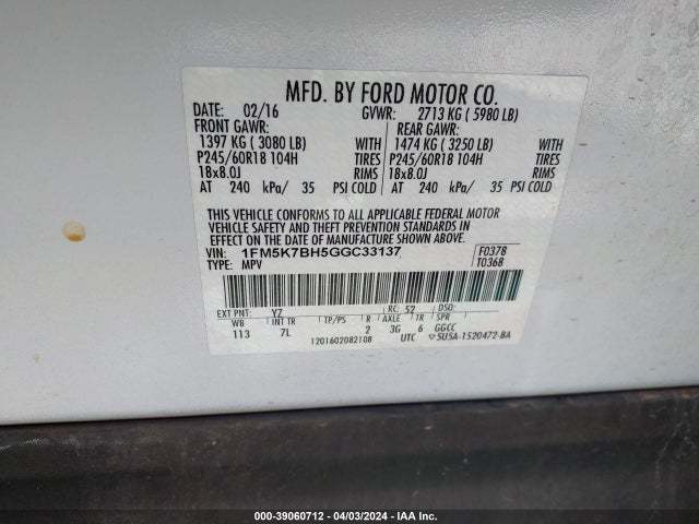 Ford Explorer 2016 1FM5K7BH5GGC33137 Image 9