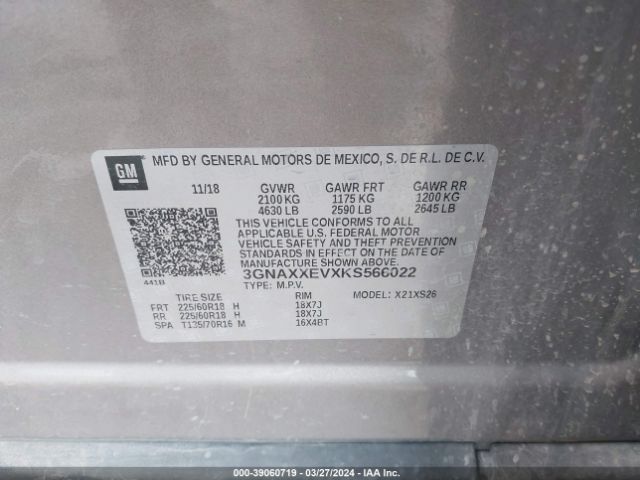 3GNAXXEVXKS566022 Chevrolet Equinox Premier