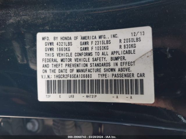 1HGCR2F85EA106880 Honda Accord Ex-l