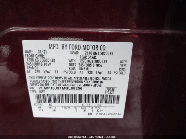 2LMPJ8J91MBL08256 Lincoln Nautilus Standard