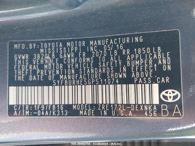 Toyota Corolla Le Plus 2016 5YFBURHE5GP511074 Image 9