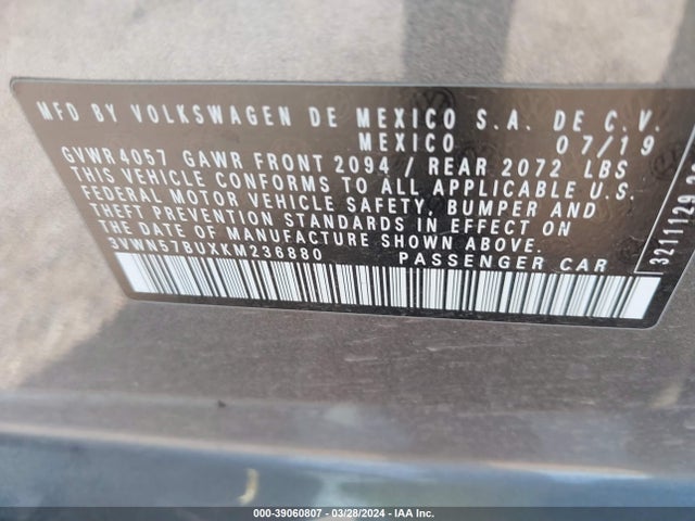 3VWN57BUXKM236880 Volkswagen Jetta 1.4t S