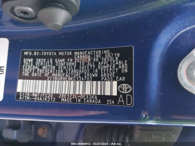 2T1BURHE8KC134703 Toyota COROLLA SE