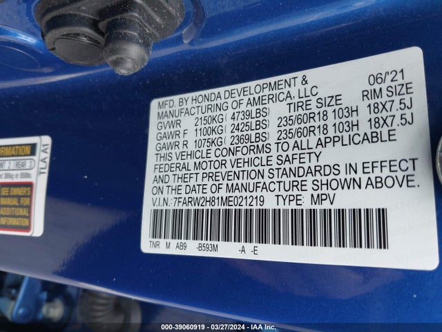 Honda Cr-v Awd Ex-l 2021 7FARW2H81ME021219 Image 9