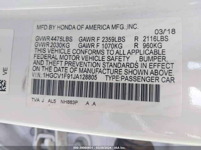 Honda Accord Touring 2018 1HGCV1F91JA128805 Image 9