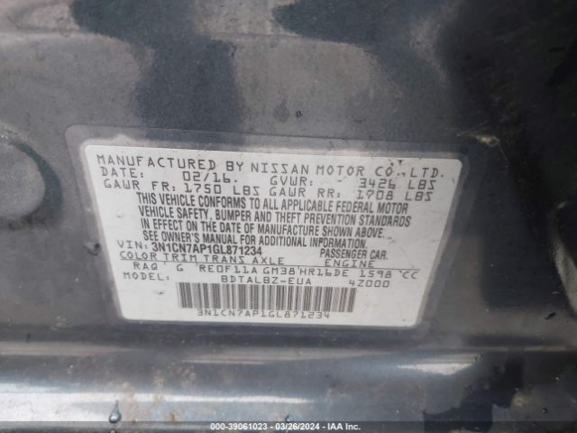 3N1CN7AP1GL871234 Nissan Versa 1.6 S/1.6 S+/1.6 Sl/1.6 Sv
