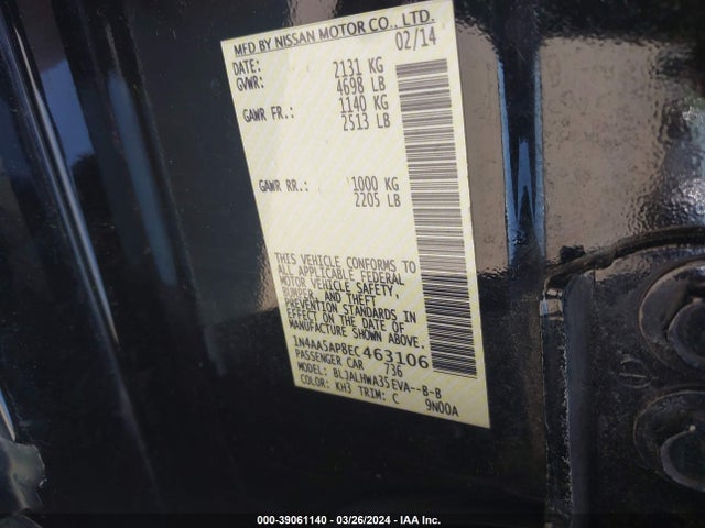 Nissan Maxima S/sv 2014 1N4AA5AP8EC463106 Image 9
