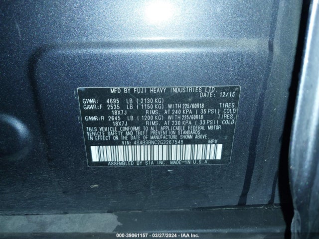 Subaru Outback 2.5i Limited 2016 4S4BSBNC2G3267548 Image 9