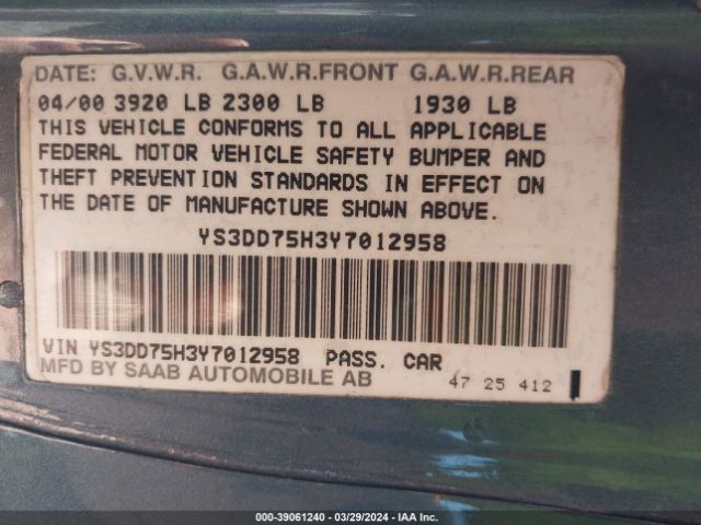 2000 SAAB 9-3 YS3DD75H3Y7012958 Photo 8