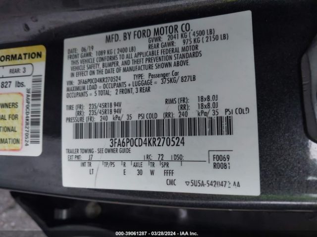 3FA6P0CD4KR270524 Ford FUSION SEL