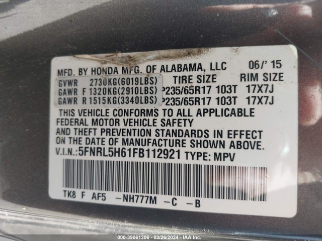 Honda Odyssey Ex-l 2015 5FNRL5H61FB112921 Image 9