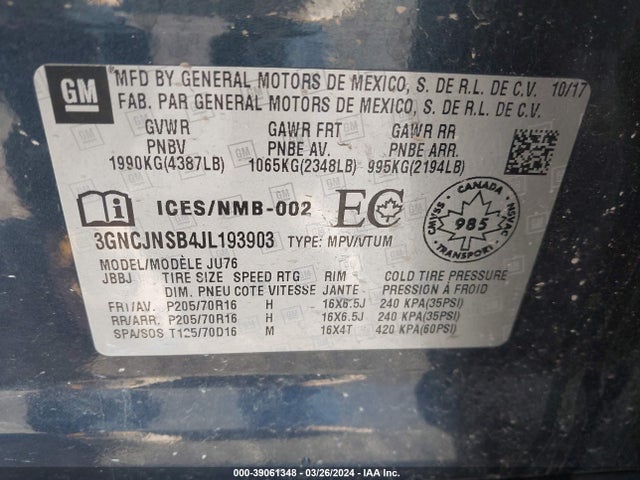 Chevrolet TRAX LS 2018 3GNCJNSB4JL193903 Image 9