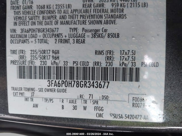 Ford FUSION SE 2016 3FA6P0H78GR343677 Image 9