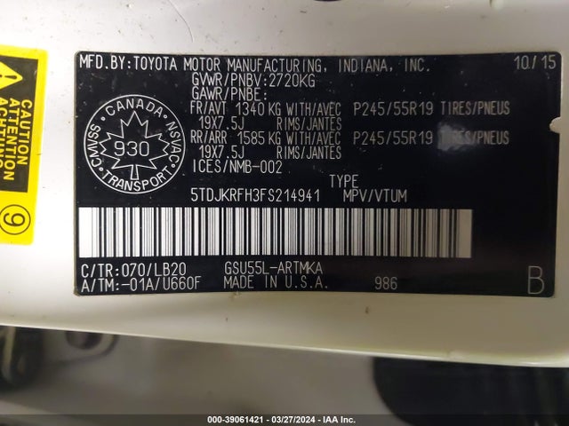 Toyota Highlander Xle V6 2015 5TDJKRFH3FS214941 Image 9